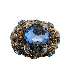 Vintage West Germany Gold Tone Brooch Large Blue Stone Filagree Faux Pearls 2”